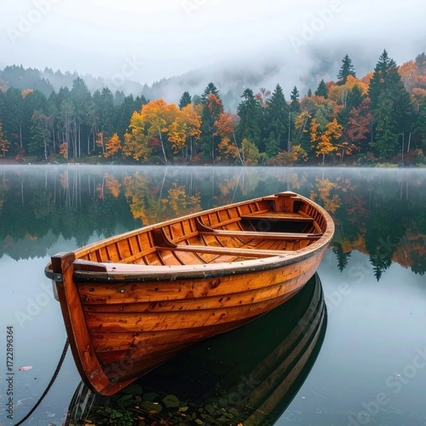 Obraz Wooden rowboat on calm autumn lake, misty mountains