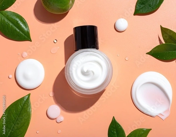 Fototapeta Cream jar and lotion swirls on a peach background with lime and leaves