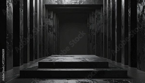 Fototapeta Dark, textured, architectural space with tiered platform