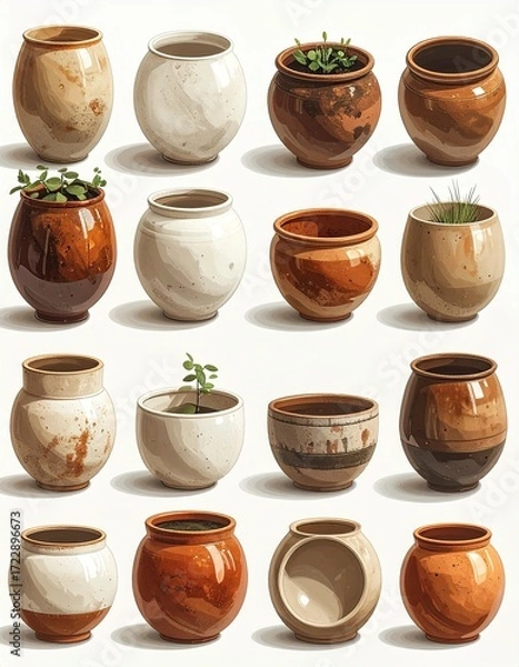 Fototapeta Assorted rustic pottery pots, various colors and textures