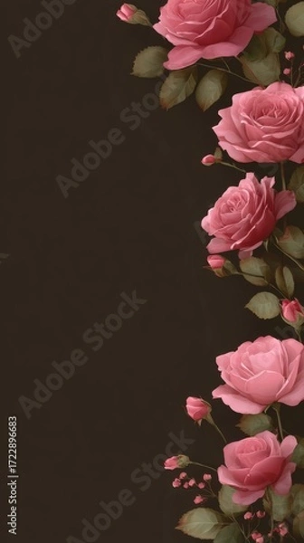 Fototapeta A beautiful border banner adorned with pink roses against a dark backdrop, highlighting the intricate floral design and providing an elegant touch for various creative projects