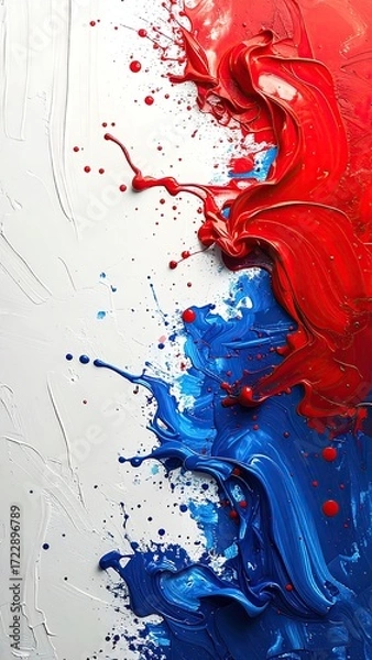 Fototapeta Abstract paint splatter art, red and blue on white