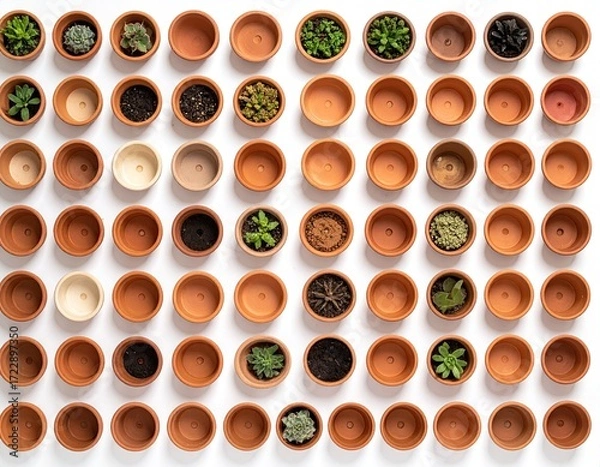 Obraz Small terracotta pots, various succulents, white background