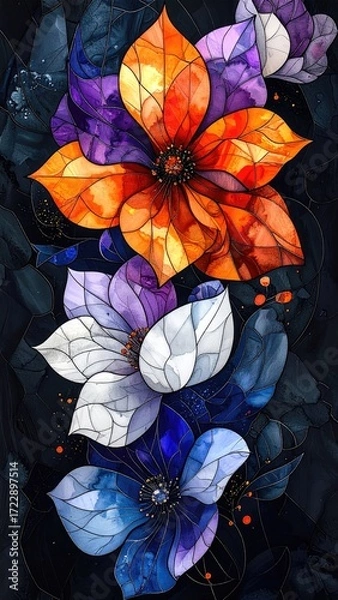 Fototapeta Stained glass floral art on dark backdrop