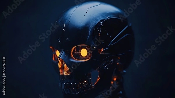Fototapeta Futuristic robotic skull with glowing orange eyes against dark background, ideal for sci-fi, horror, and gaming designs