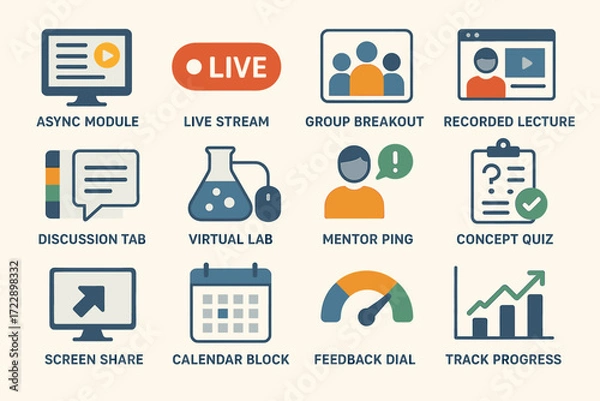 Fototapeta Online learning tools and features icons set for virtual education platforms