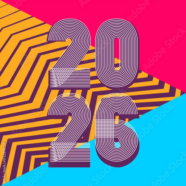 Obraz Retro cover background with vertical 2026 number on colorful geometric zigzag striped lines background. Graphic design vector illustration for Happy New Year Christmas Banner Greeting Card Invitation