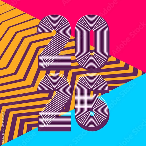 Obraz Retro cover background with vertical 2026 number on colorful geometric zigzag striped lines background. Graphic design vector illustration for Happy New Year Christmas Banner Greeting Card Invitation
