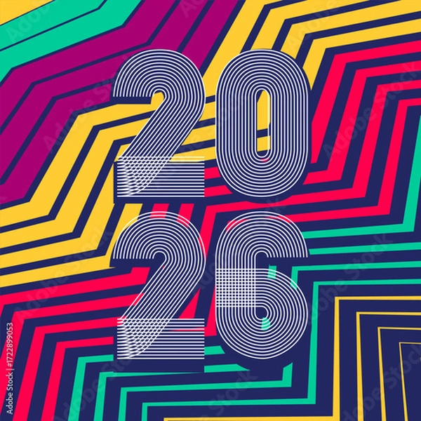 Obraz Retro cover background with vertical 2026 number on colorful geometric zigzag striped lines background. Graphic design vector illustration for Happy New Year Christmas Banner Greeting Card Invitation