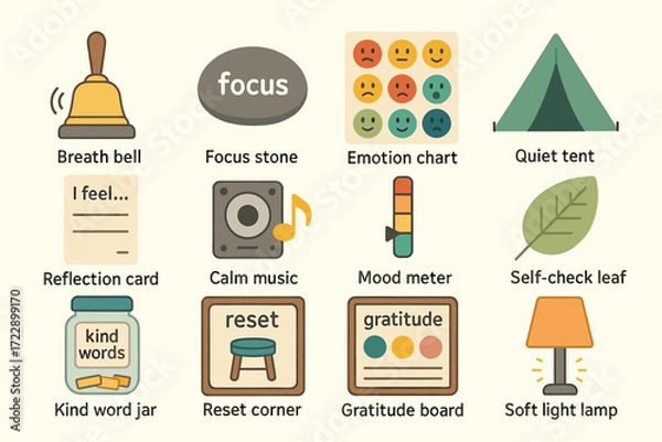 Fototapeta Calm classroom tools: bell, focus, emojis, tent, reflection, calm, mood meter, leaf, kind words, reset, gratitude, lamp