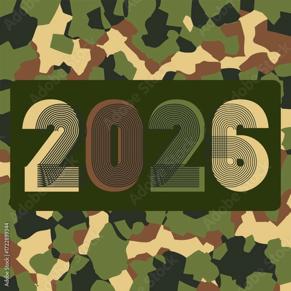 Obraz Modern cover background with 2026 number on khaki camouflage  background. Graphic design vector illustration for Banner Poster Flyer Party Icon Symbol Sign Event Brochure Magazine Template Post Story