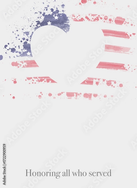Fototapeta Artistic brushstroke representation of transparent American flag with stars and stripes in grunge heart shape with paint splash. Veterans Day concept. Honoring all who served.