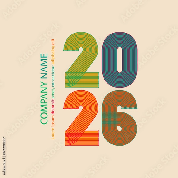 Obraz Retro cover with colorful 2026 number on beige background. Graphic design vector illustration for Banner Poster Flyer Icon Symbol Sign Event Brochure Magazine Template Post Story Social media Company