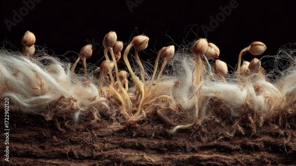 Fototapeta Tiny plant sprouts emerging from fibrous material