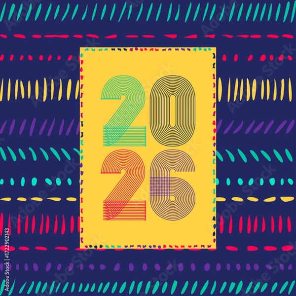 Obraz Retro cover with vertical colorful 2026 number on yellow blue geometric ethnic lines background. Graphic design vector illustration for Happy New Year Banner Greeting Card Invitation Poster Flyer Ad