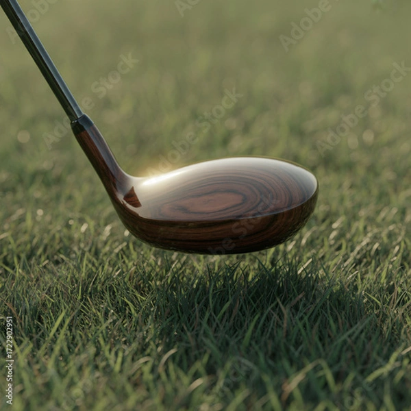 Obraz golf, Vintage fairway wood over dewy turf, polished grain catching warm light in a crisp, modern close‑up—creator‑ready for gear reviews, swing tips, thumbnails, and brand storytelling.