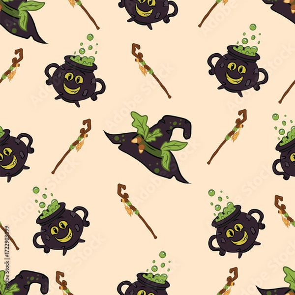 Fototapeta Pattern of a witch's cauldron, staff, and witch's hat