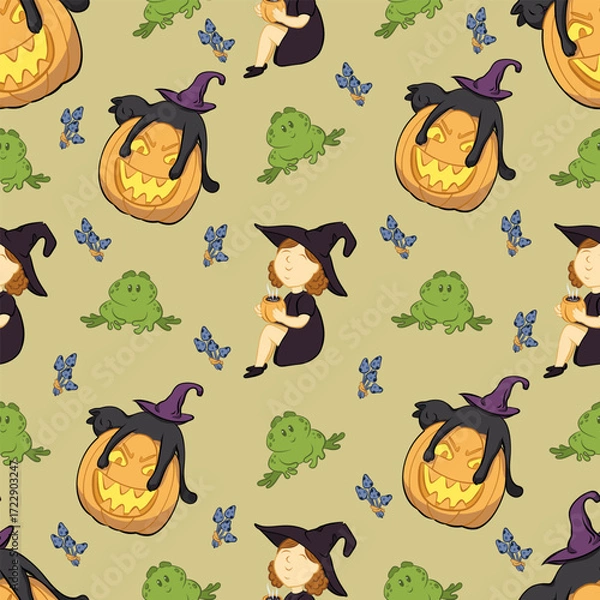 Fototapeta Pattern witch with coffee, frog, Halloween