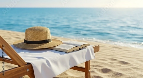 Fototapeta Beach Lounger Serenity: Straw Hat, Book, and Ocean View