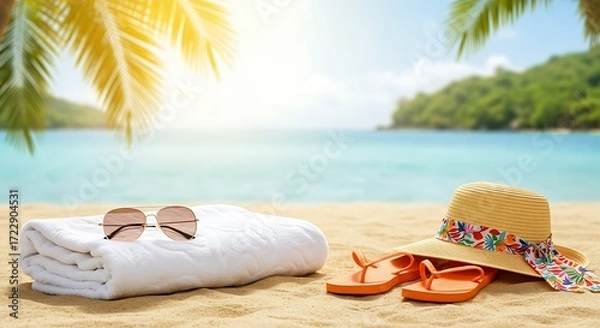Fototapeta Beach Scene with Summer Straw Hat, Towel, Sunglasses, and Flip Flops on Golden Sand with Tropical Background