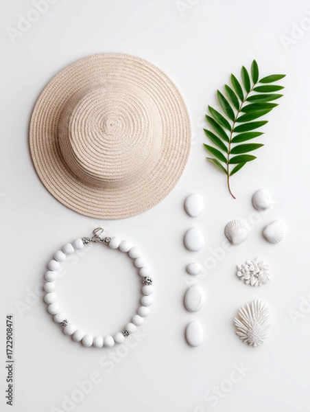 Obraz Straw hat, white beaded necklace, green leaf, seashell, coral, and stone arranged on white background, creating boho summer flatlay with calm and natural vibe