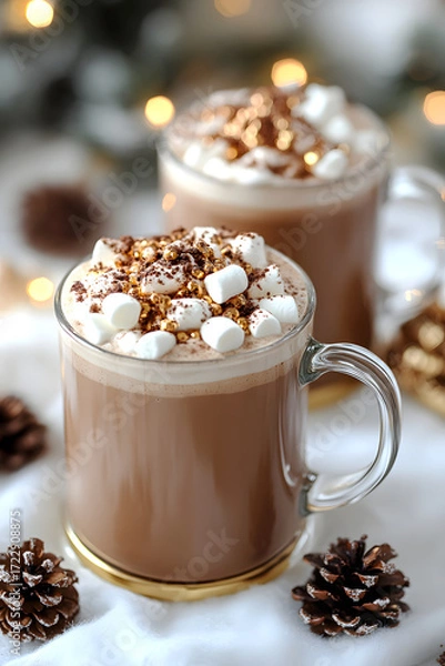 Obraz Holiday Hot Chocolate with Marshmallows and Pinecones