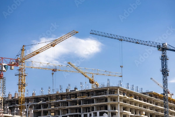 Fototapeta A crane in front of a building under construction. The sky is clear and blue. construction of a multi-storey building