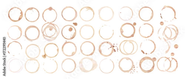 Fototapeta Coffee cup or tea stain drink ring vector illustration set isolated on white background. Coffee stain mark trace ring cup spot trace. Brown round splashes of drink collection.
