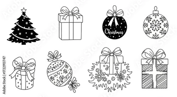 Fototapeta Festive christmas ornament and gift boxes coloring page illustration for celebration themes