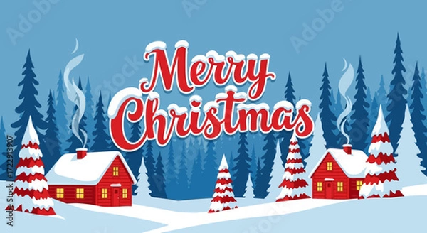 Fototapeta Festive Christmas Scene with Snow-Covered Cabins and Evergreen Trees under a Blue Sky