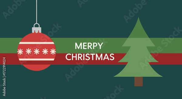 Fototapeta Festive minimalist design with ornament, tree, and 'Merpy Christmas' message for holidays