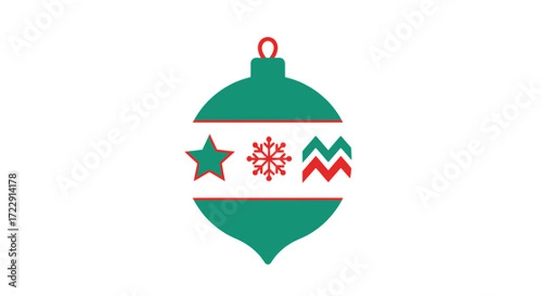 Fototapeta Festive green christmas ornament with star snowflake and zigzags on a white background isolated