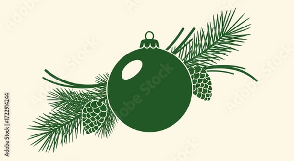 Obraz Minimalist christmas illustration featuring a bauble, pine needles and pine cones in shades of green