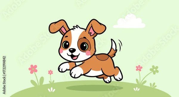Fototapeta Joyful Cartoon Puppy Running in a Meadow with Flowers and a Cloud on a Sunny Day