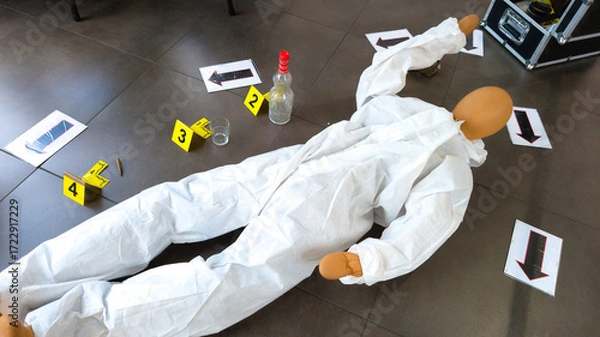Fototapeta simulation demonstration with forensic science investigation mannequin in case of death