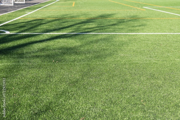 Fototapeta Grass field at a sports complex featuring marked lines and shadows during a sunny afternoon
