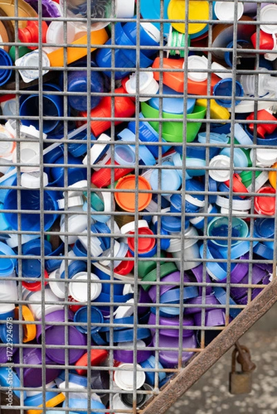 Fototapeta Colorful assortment of plastic bottle caps stored in a wire mesh bin at a recycling facility