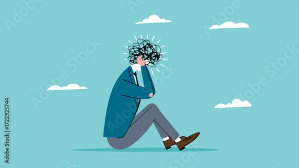 Obraz stress or anxiety, overthinking or mental exhaustion or negative emotional, depressed or top much worried, businessman overload to thinking about business with mess head