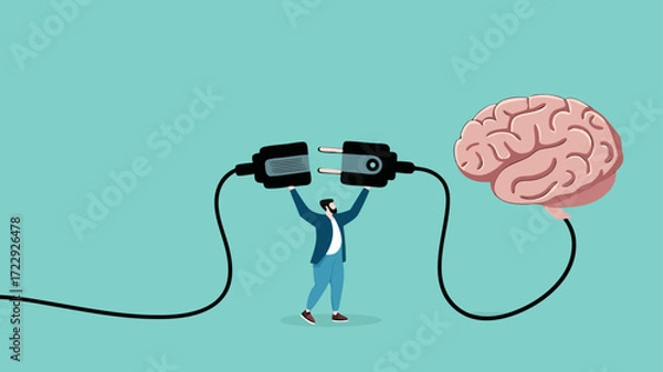 Obraz turn on creativity and idea thinking, imagination or innovation to create new idea concept, creative mind and brain illustration, businessman connect plug with brain idea to power socket concept