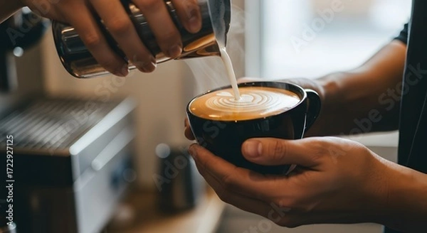 Fototapeta Close-up of a skilled barista's hands meticulously pouring steamed milk to create intricate latte art in a freshly brewed coffee, showcasing the delicate craft of beverage preparation in a warm cafe