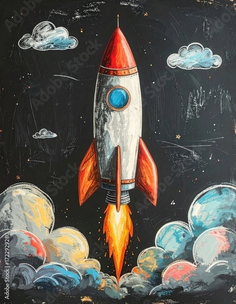 Obraz Whimsical painting of a stylized rocket launching into space against a dark background dotted with fluffy clouds and colorful gas