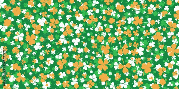 Fototapeta Shamrock or green clover leaves pattern background flat design vector illustration. St Patrick Day shamrock symbols decorative elements horizontal pattern texture.