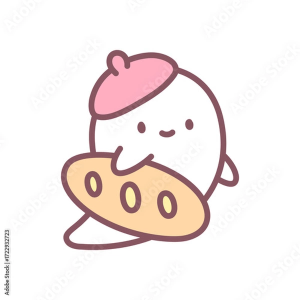 Fototapeta Happy ghost baker icon. Funny little spirit in a french beret holding a baguette. Doodle illustration isolated on white background. Kawaii halloween sticker. Vector 10 EPS.