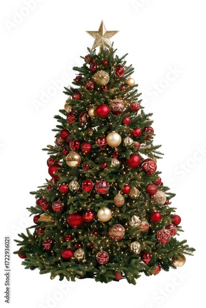 Fototapeta Decorated evergreen tree with golden star and red gold ornaments isolated on a transparent background