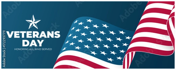 Fototapeta Veterans Day Banner. Honoring all who served. United States federal holiday background with waving American flag. Vector illustration.
