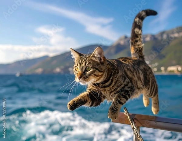 Obraz Tabby cat leaps over ocean