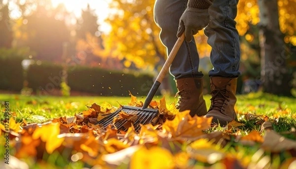 Obraz Person raking fallen autumn leaves on sun-drenched lawn with trees behind in fall foliage, seen from waist down