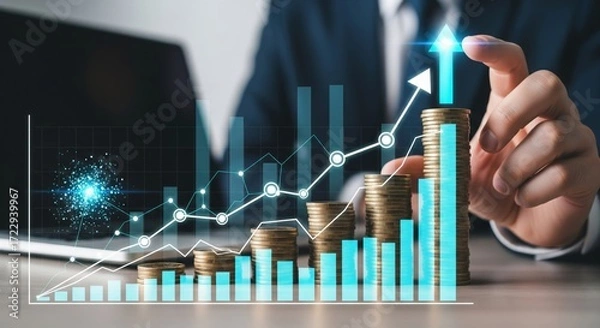 Fototapeta Businessman Stacking Coins with Digital Financial Charts and Growth Analytics