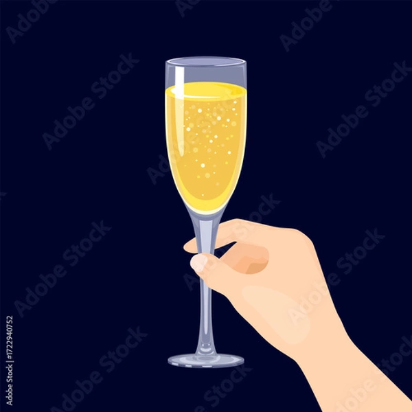 Fototapeta Glass of sparkling champagne in hand isolated on dark background. Vector cartoon flat illustration.