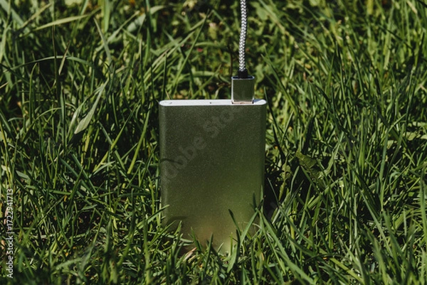 Obraz Compact Power Bank Charging Outdoors in Grass During Travel or Adventure